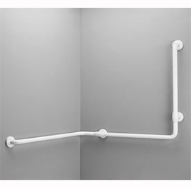Bathroom Safety - a light grey bathroom with a white handrail on the wall. Bathroom Safety